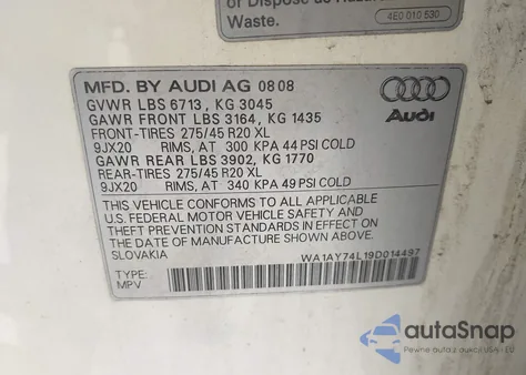 2009 Audi Q7 3.6 5 Passenger/3.6 Premium from USA, damaged, VIN WA1AY74L19D014497